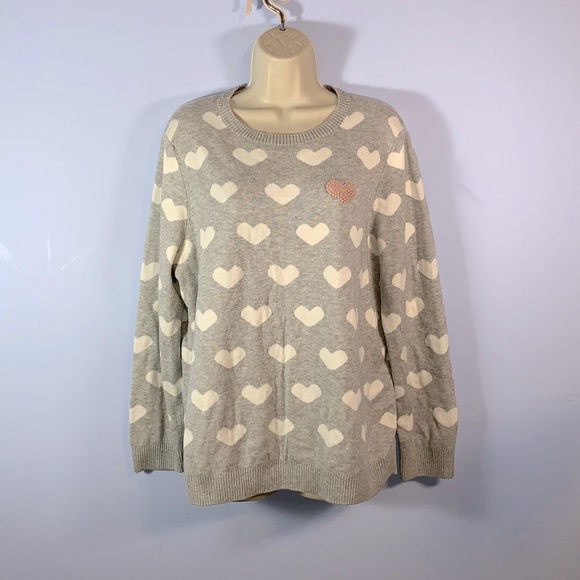 Charter club gray white hearts crew neck sweater size XXL embroidered pink heart - Picture 1 of 8